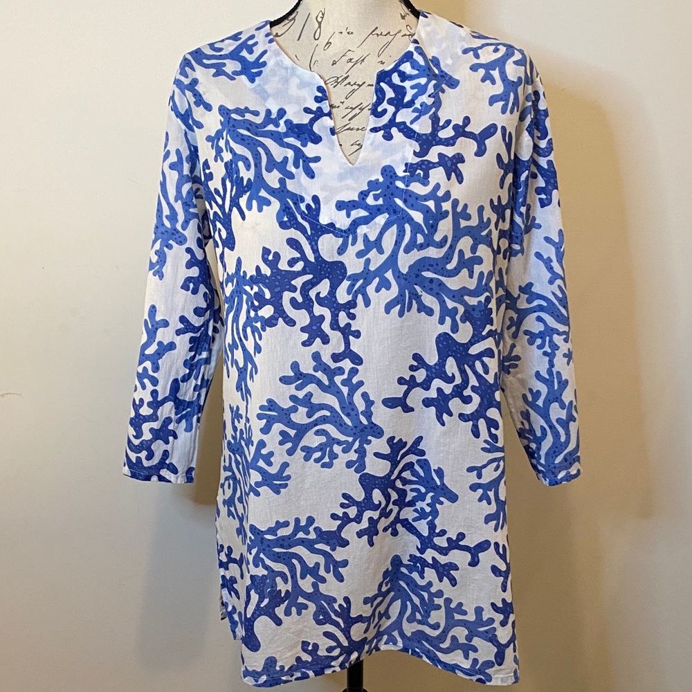 KikiSol Blues Coral & White Printed Beach ready Tunic top boyfriend Shirt